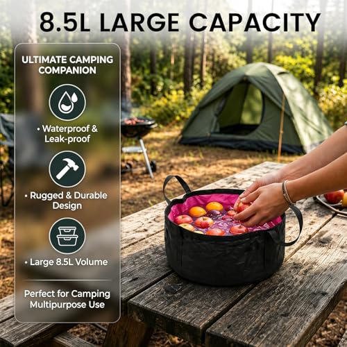TRENDBOX Foldable Wash Basin Sink Water Bag Portable Mini 8.5L for Footbath Camping Hiking Outdoor Durable Design - color: Hot Pink