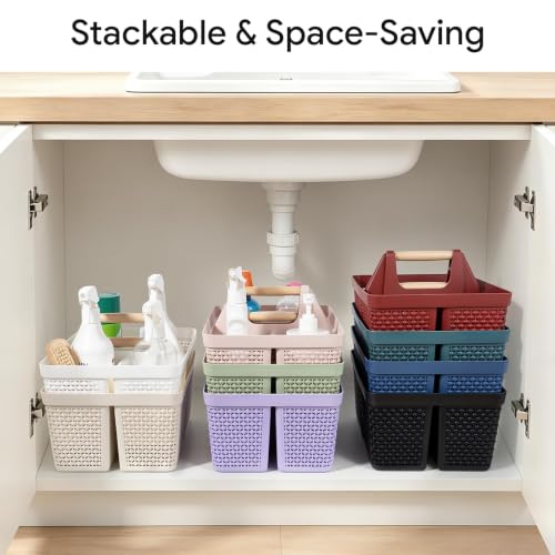 UUJOLY Portable Plastic Shower Caddy Basket with Wooden Handle, Black - color: Black