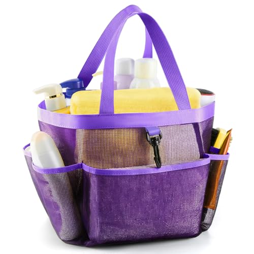 LOYEE Mesh Shower Caddy Portable for College Dorm Room Essentials with 8 Pockets, Shower Bag for Beach, Swimming, Gym, Travel, Bathroom(All purple) - color: All purple