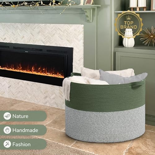 INDRESSME 115L Extra Large Woven Rope Blanket Basket Living Room Green - color: Green & White, size: 23.6"D x 15.7"H