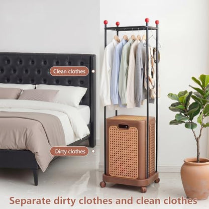 VECELO Laundry Hamper with Clothes Rack, Rolling Laundry Basket with Lid and Wheels, Tall Clothes Stand for Hanging Clothes, Multifunctional Laundry Organizer for Bedroom, Bathroom, Brown - color: Brown