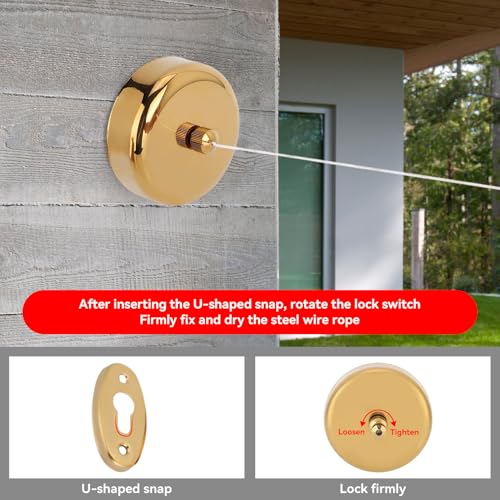 Retractable Clothesline, Stainless Steel Clothes Line Dryer with Adjustable Nylon Rope String, Wall Mounted Retractable Laundry Clothing Line Space Saving Drying Rack for Bathroom (Gold)