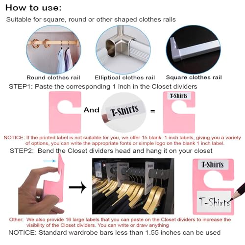 32 Pack White Clothing Rack Size Dividers Plus 75 Labels (1 Inch) and 30 Large Blank Labels, Large Rectangular Clothing Closet Dividers (Pink) - color: Pink, size: 32 PACK