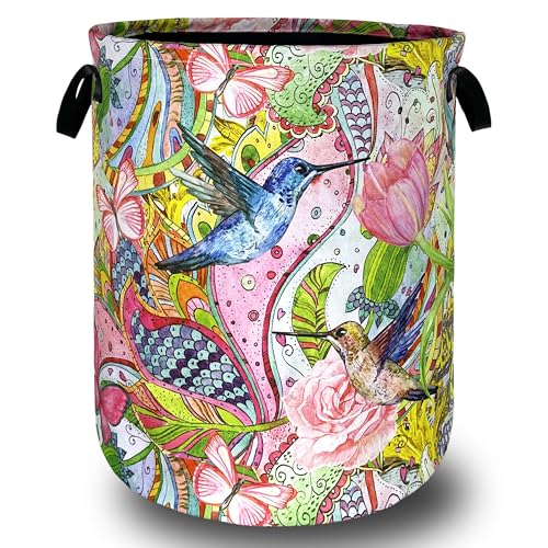 Floral Hummingbird Laundry Basket Oxford Cloth Hamper 18.9x16.5 Inch - color: Boho Pink Flowers With Hummingbird