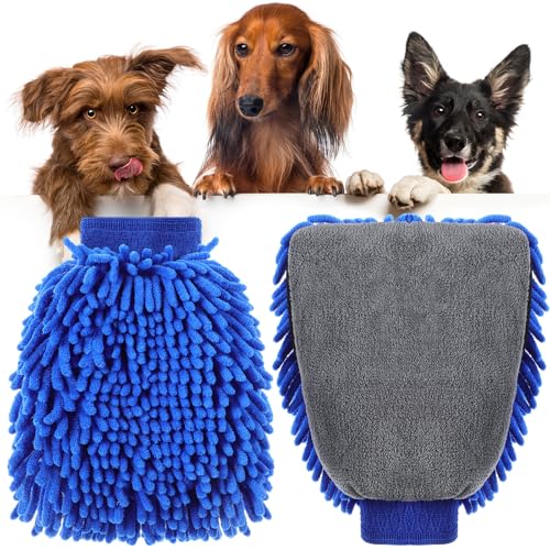 Teenyyou 2 Pcs Dog Towel Chenille Microfiber Pet Grooming Gloves,Blue - color: Blue