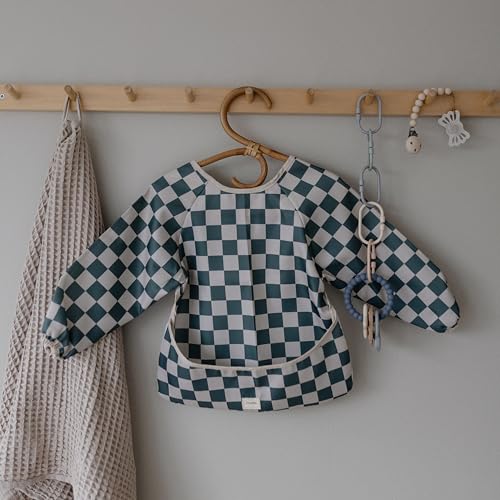 mushie Long Sleeve Baby Bib | Water Resistant Adjustable Fit - color: Olive Check