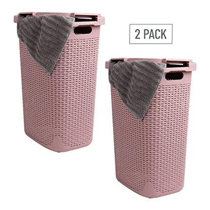 Mind Reader Slim Laundry Hamper with Lid, 60L Tall Clothes Basket, Narrow Tapered Design for Bathrooms, Closets and Laundry Rooms, Plastic, 2 Pack, Pink - color: Pink, size: 2-Pack
