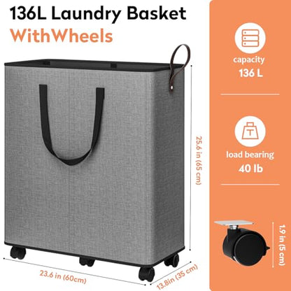 SpaceTrove Rolling Laundry Basket with Wheels, Laundry Hamper, 136L, Grey - color: Grey, size: 136L