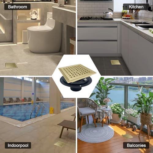 4 Inch Square Shower Drain with Flange, Removeable Grate SUS 304 Stainless Steel Shower Drain with Hair Catcher (Brushed Gold, 4 Inch) - color: Brushed Gold, size: 4 Inch