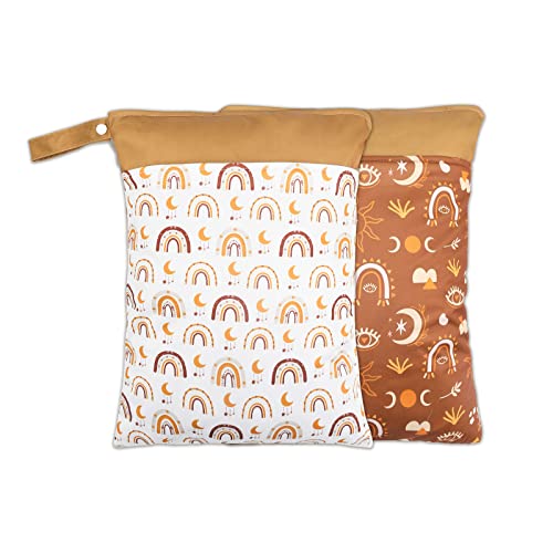 2 Pack Wet Dry Bags for Baby Cloth Diapers&Breast Pump Parts, Waterproof Reusable Wet Bag with Two Zippered Pockets & Handle, Beach Pool Gym Bag Stroller Yoga Toiletries Daycare Organizer for Swimsuit Wet Clothes, 11.8 inch x 15.7inch - color: Gold