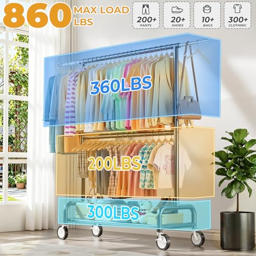 Heavy Duty Clothes Rack Load 860LBS, Double Rods Rolling Clothing Racks for Hanging Clothes, Rolling Garment Rack With Sturdy Wheels Shelves, Portable & Adjustable Commercial Garment Rack, Black - color: Black, size: 15.0" x 63.4" x 74.8"(2 Rods)