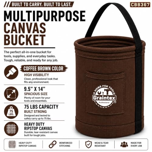 Graintex Canvas Utility Bucket 9.5"x14", Round Tool Bucket, Reinforced Base & Carry Handle, Ripstop Canvas, Ideal Multi-Purpose Bag for Jobsite, Gardening, Home Use, Tool Storage - Coffee Brown - color: Coffee Brown