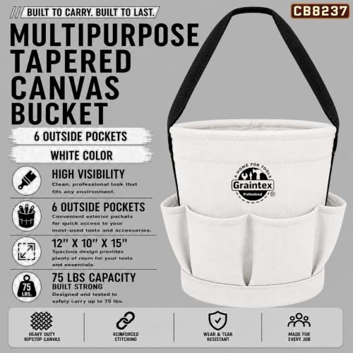 Graintex Tapered Canvas Bucket 12"x10"x15", Utility Tool Bucket 6 Pockets Outside, Reinforced Base & Carry Handle, Ripstop Canvas, Multi-Purpose Bag for Jobsite & Home Use (White) - color: White