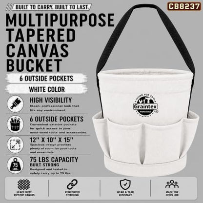 Graintex Tapered Canvas Bucket 12"x10"x15", Utility Tool Bucket 6 Pockets Outside, Reinforced Base & Carry Handle, Ripstop Canvas, Multi-Purpose Bag for Jobsite & Home Use (White) - color: White