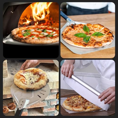 4PCS Pizza Oven Accessories, Yofuly 12 Inch Perforated Pizza Peel, 9 Inch Round Turning Peel, Pizza Stone Cleaning Brush with Scraper, Rocker Cutter, Homemade Pizza Supplies Tools Kit