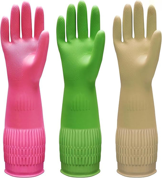 3 Pairs Dishwashing Gloves, 15" Cuff Reusable Cleaning Gloves for Kitchen, Bathroom & Household Chores - Thick Flexible Latex-Free Rubber, Non-Slip Grip (Red/Yellow/Green, Large)