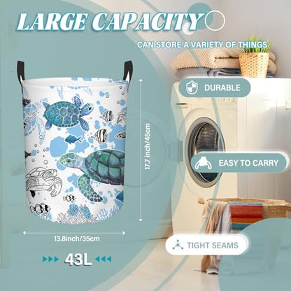 Sea Turtles Laundry Basket, 43L Collapsible Laundry Hamper Basket - color: blue sea turtles