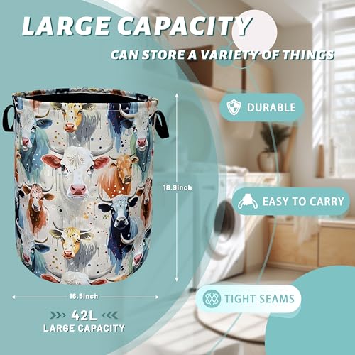 Watercolor Cows Laundry Basket Foldable Oxford Cloth Hamper 18.9"x16.5" - color: Watercolor Cows Animals Pattern
