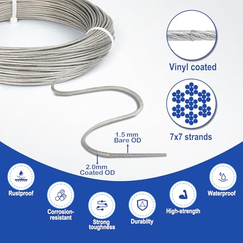 TooTaci 1/16 Wire Rope Kit, 50ft Vinyl Coated 304 Stainless Steel Cable - style: 50ft 1/16" Wire Rope with Clamps