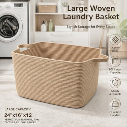 96L Woven Laundry Basket with Handles, Extra Blanket Basket,Jute - color: Jute, size: 96L