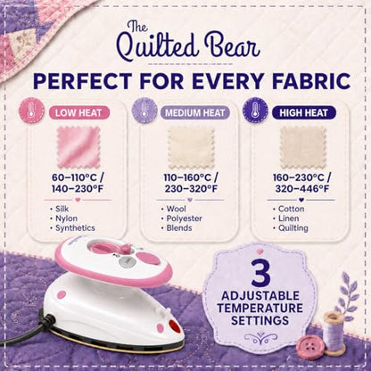 The Quilted Bear Premium Mini Steam Iron for Quilting and Travel, Pink - color: Pink, size: Premium Mini Iron Set