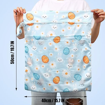 2pcs Travel Waterproof Laundry Bag, Cloth Diaper Wet Dry Bags with Handle 2 Zipper Pockets Washable Dirty Clothes Travelling Hanging Bathing Beach Daycare Yoga Gym Sports Exercise Swimsuits - color: Cartoon 3 White + Blue