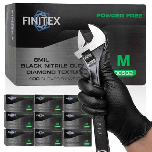 FINITEX Disposable Nitrile Diamond Texture Black 8mil Mechanic Gloves - color: Black (Medium 1000)