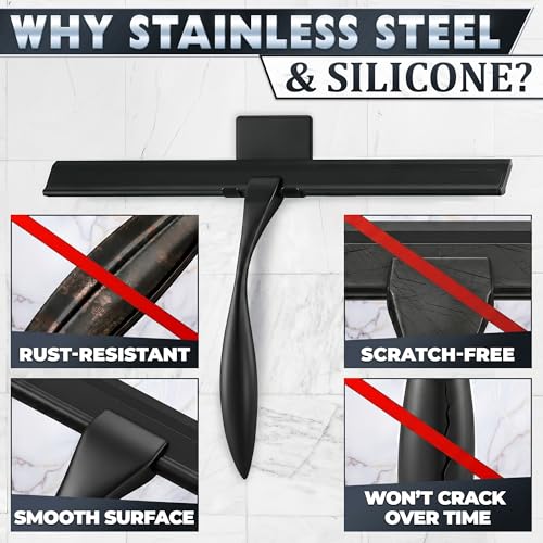 Stainless Steel Shower Squeegee, Glass, Silicone, 12 Inch (Black) - color: Black, size: 12 Inch