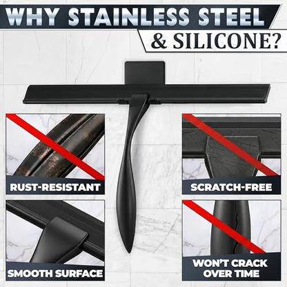 Stainless Steel Shower Squeegee, Glass, Silicone, 12 Inch (Black) - color: Black, size: 12 Inch