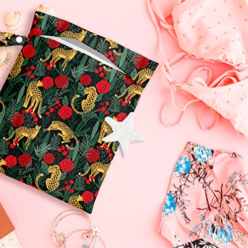 Wet Dry Bag, Wet Bag for Swimsuit, Travel, Beach, Pool, Diapers, Dirty Gym Clothes, Makeup Bag, Camping Accessories, Waterproof Reusable Jungle Tropical Leaves Cheetah Print - color: Panther and Red Flower