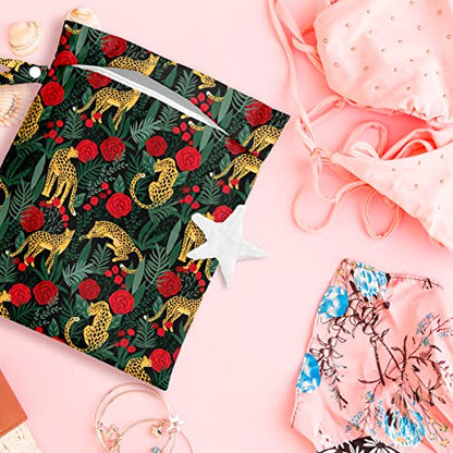 Wet Dry Bag, Wet Bag for Swimsuit, Travel, Beach, Pool, Diapers, Dirty Gym Clothes, Makeup Bag, Camping Accessories, Waterproof Reusable Jungle Tropical Leaves Cheetah Print - color: Panther and Red Flower
