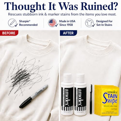 Amodex Ink & Stain Remover Arsenal, Safe and Effective on Clothes, Leather and Skin, Full Set for all your Stain Removal Needs, Includes 2 Bottles, 1 Brush, 10 Wipes - style: Stain Remover Arsenal Kit