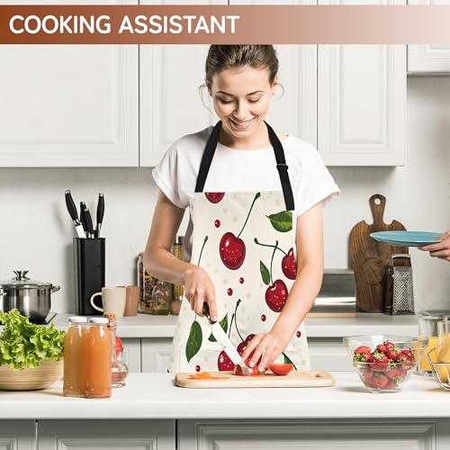Cooking Aprons for Men and Women,Adjustable Bib Chef Apron with 2 Pockets, Soft and Durability Kitchen Apron - color: Cute Red Cherry