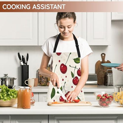 Cooking Aprons for Men and Women,Adjustable Bib Chef Apron with 2 Pockets, Soft and Durability Kitchen Apron - color: Cute Red Cherry