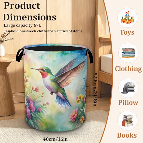 Hummingbird Flowers Collapsible Laundry Basket with Handles, Large Capacity Clothes Hamper, Waterproof Oxford Cloth Storage Basket for Laundry Room Bathroom - color: Hummingbird Flowers