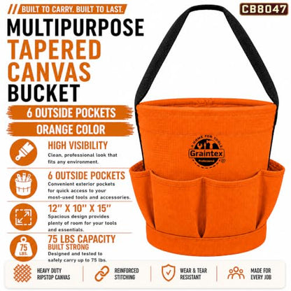 Graintex Tapered Canvas Bucket 12"x10"x15", Utility Tool Bucket 6 Pockets Outside, Reinforced Base & Carry Handle, Ripstop Canvas, Multi-Purpose Bag for Jobsite & Home Use - color: Orange