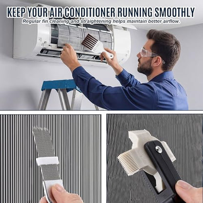 3 Piece Air Conditioner Condenser Fin Comb Kit, Fin Straightening Tool, Coil Cleaner Stainless Steel Comb and Evaporator Radiator Cleaning Whisk Brush for Condenser or Evaporator Units