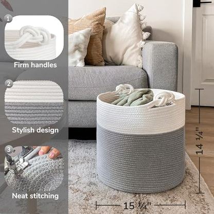 Goodpick Woven Rope Blanket Basket Living Room, 40L, Grey - color: Grey, size: 15 × 14.2 inches
