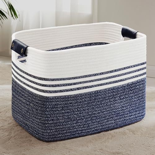 100L Woven Laundry Basket Hamper with Leather Handles,Denim Blue - color: Denim Blue, size: 100L