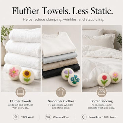 Wool Dryer Balls 6 Pack, New Zealand, Reusable Natural Fabric Softener - color: White-flower