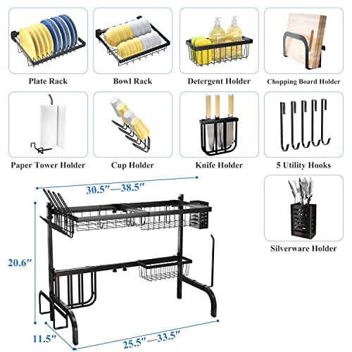 Over The Sink Dish Drying Rack, Adjustable 25.5-33.5 in, 2-Tier, Black - color: Black