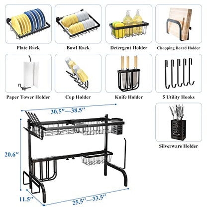 Over The Sink Dish Drying Rack, Adjustable 25.5-33.5 in, 2-Tier, Black - color: Black