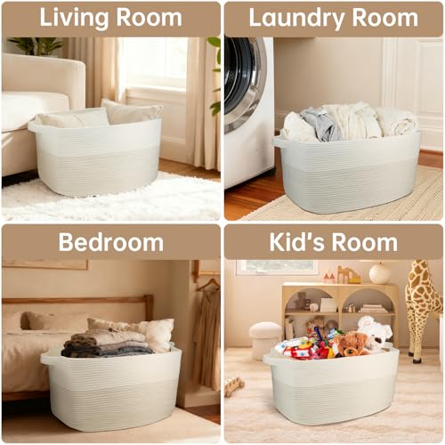 75L Large Basket 22" x 17" x 12",Large Blanket Basket with Handle,woven Cotton Rope baskets for storage,Storage Basket for Organizing,Blanket Basket living Room - color: White