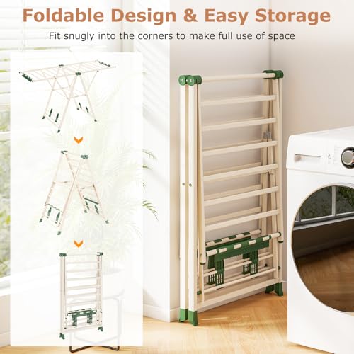 GIANTEX Foldable Metal Clothes Drying Rack, 64" Height Adjustable Wings - color: Beige, size: 64"L x 39"-62"H