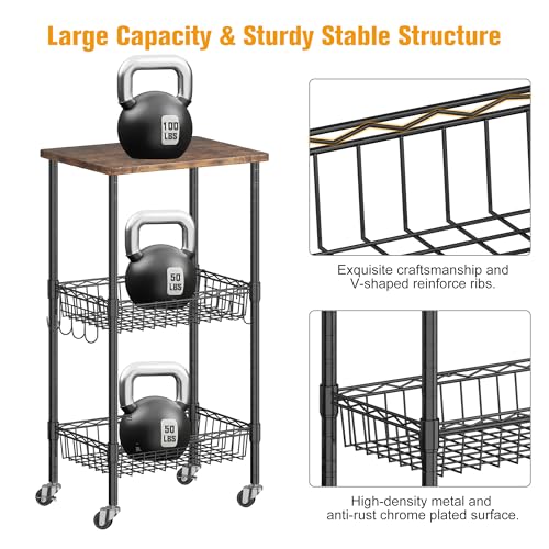 Homeiju Rolling Kitchen Storage Cart, 3-Tier Storage Rack on Caster Wheels with Adjustable 2 Baskets, Coffee Station Cart Rack Shelf Organizer for Living Room Office, Balcony, Rustic Brown/Black