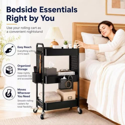3 Tier Black Rolling Storage Cart Metal with DIY Pegboard and Wheels - color: Black
