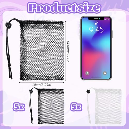 Nogeqi 10 Pcs Small Mesh Bags Drawstring, Mini Mesh Storage Bags Nylon Small Drawstring Bag with Cord Lock, Mini Net Bag for Travel Stuff Organizing, 6 x 4 Inch (Black, White)