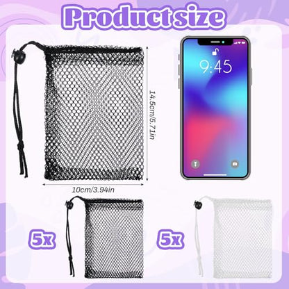 Nogeqi 10 Pcs Small Mesh Bags Drawstring, Mini Mesh Storage Bags Nylon Small Drawstring Bag with Cord Lock, Mini Net Bag for Travel Stuff Organizing, 6 x 4 Inch (Black, White)