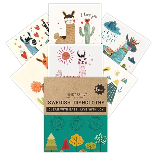 Swedish Dishcloths 6 Pack, Reusable Paper Towels Super Absorbent and Quick Drying for Kitchen, Biodegradable Washable Dish Towels Dishwasher Safe, Eco-Friendly Cleaning Cloths with Watercolor (Llama) - color: Llama Theme