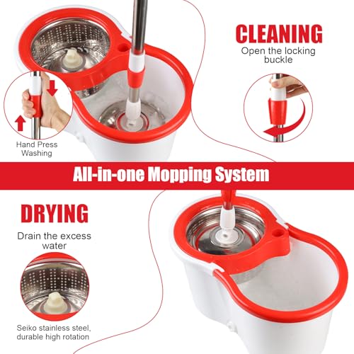 Spin Mop and Bucket with Wringer Set, 6 Microfiber Mop Heads, 61" Handle - color: White